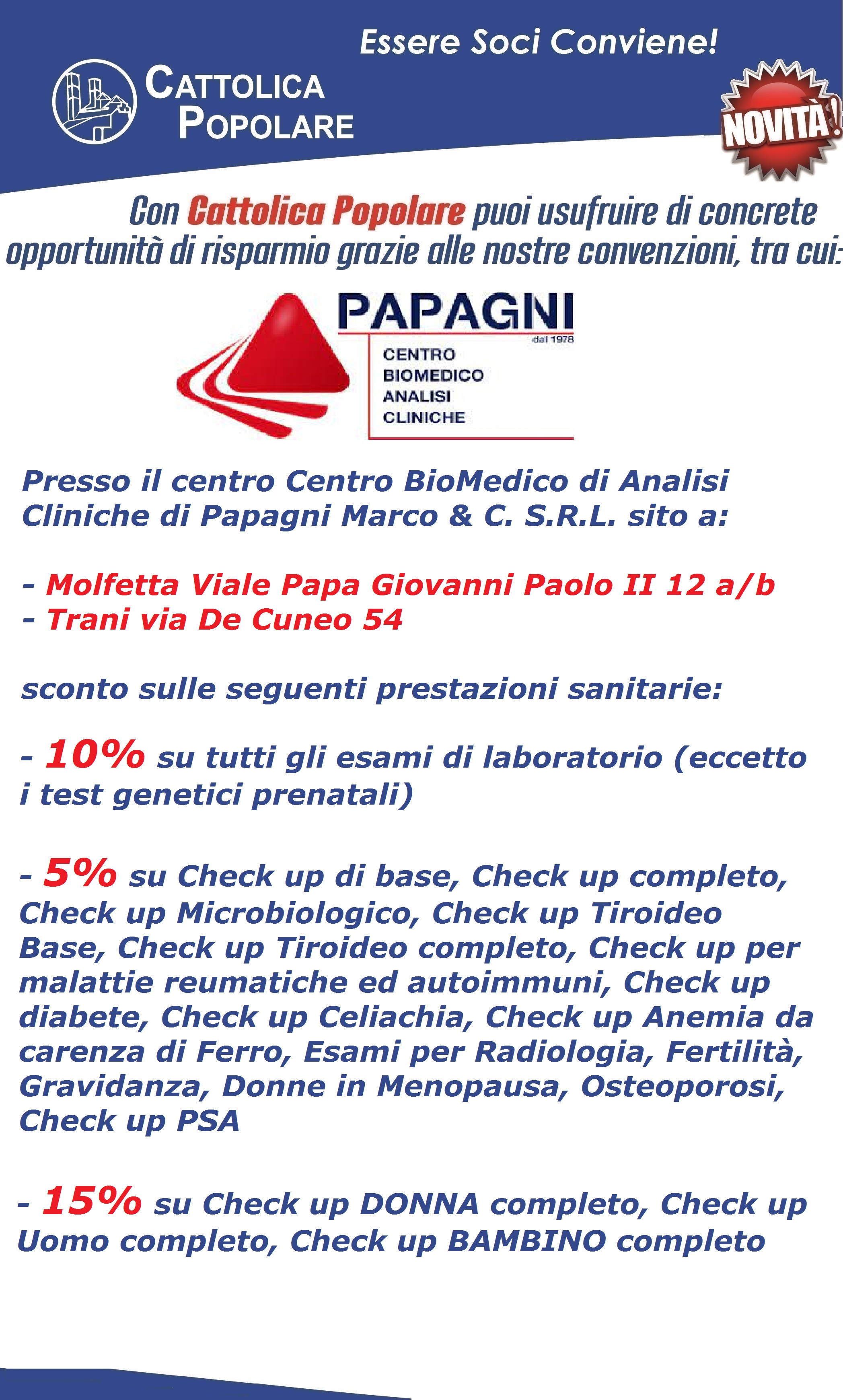 Nuova Convenzione CENTRO BIOMEDICO DI ANALISI CLINICHE DOTT. MARCO PAPAGNI & C. SRL